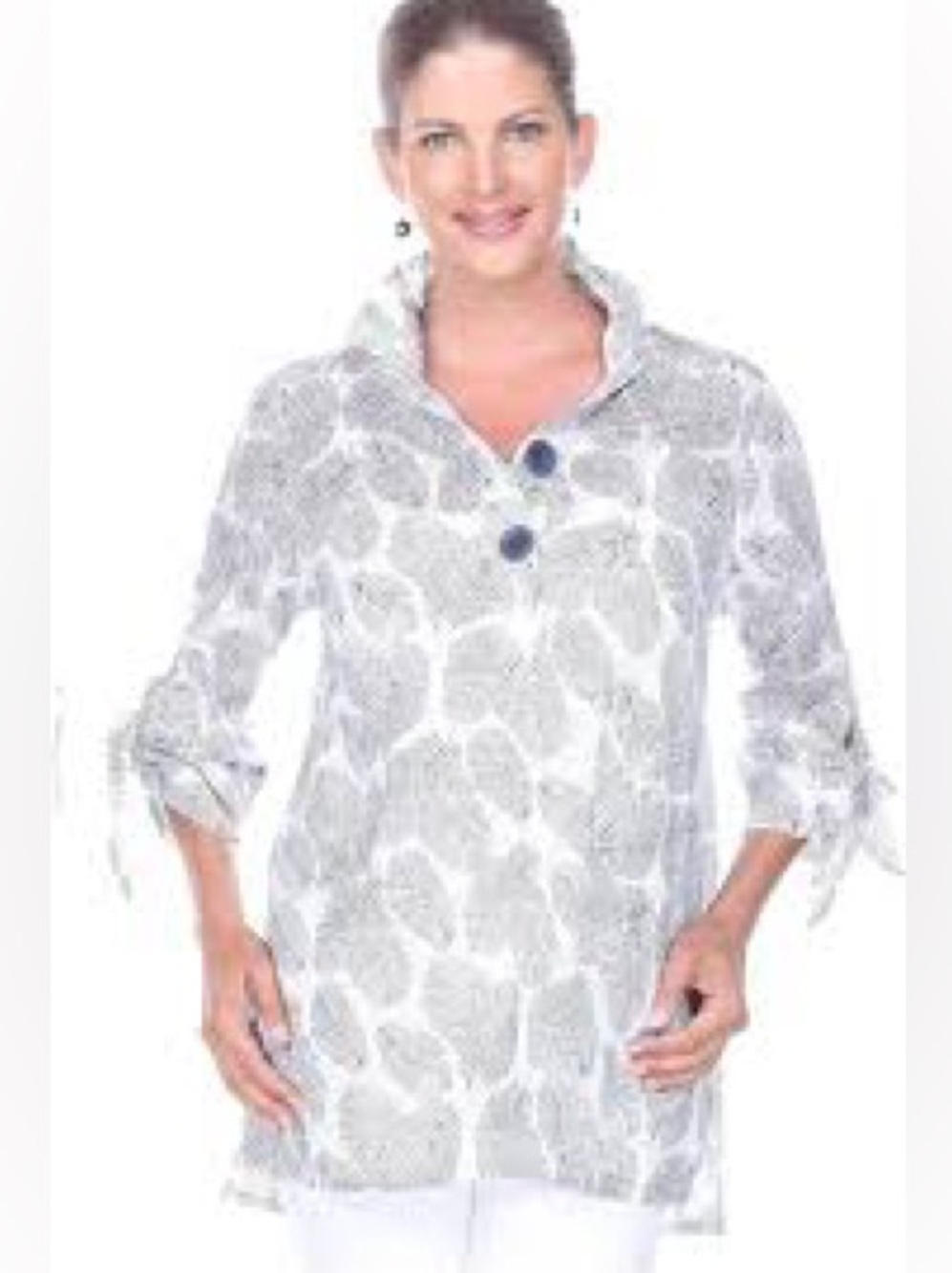 Terra Boutique Top White Leaf Print Standup Collar Tunic Navy White Resortwear